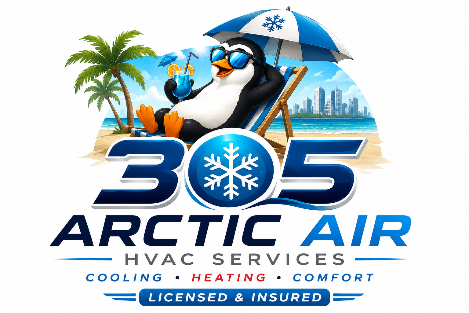 305 Arctic Air — Chill the penguin relaxing beachside, official brand logo