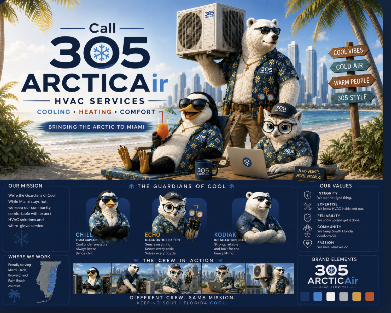 305 Arctic Air Guardians of Cool — full team collage with mission, values, and brand elements