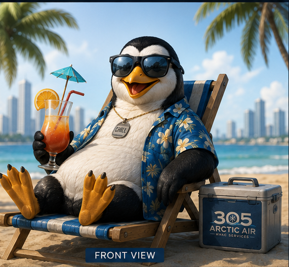 Chill the penguin, Team Captain, relaxing beachside in Miami